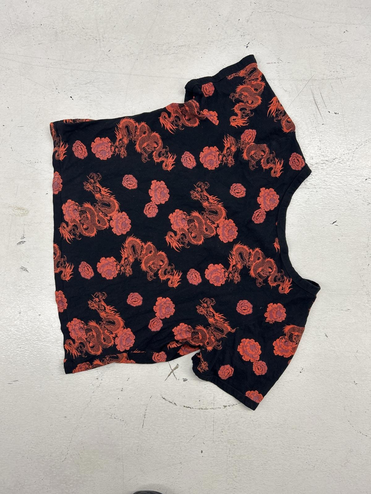 Dragon Floral Print Short Sleeve Top in Black & Red