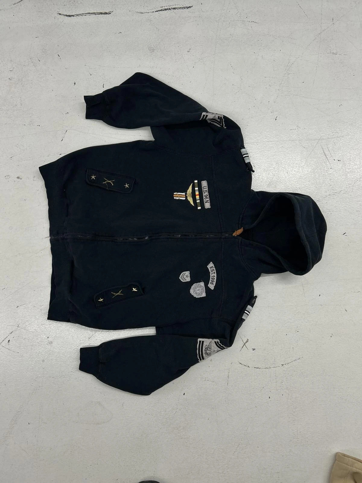 Vintage Black Military Style Hoodie With Embroidered Patches