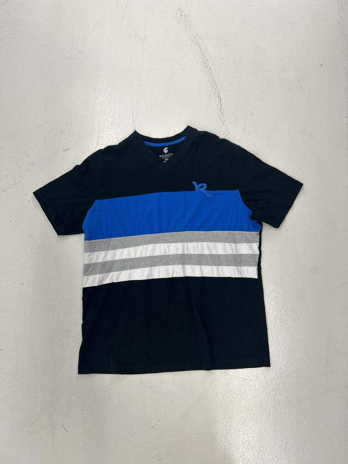 Vintage Rocawear Blue and Black Striped T-Shirt