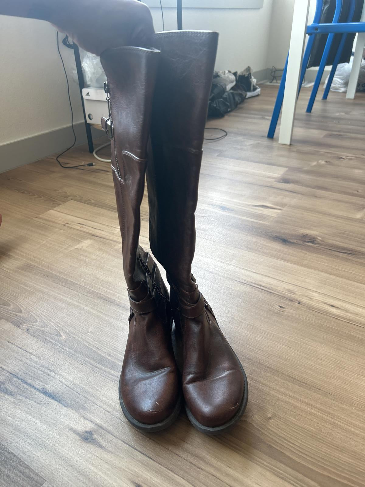 Faux Brown Knee-High Boots with Buckle Detail