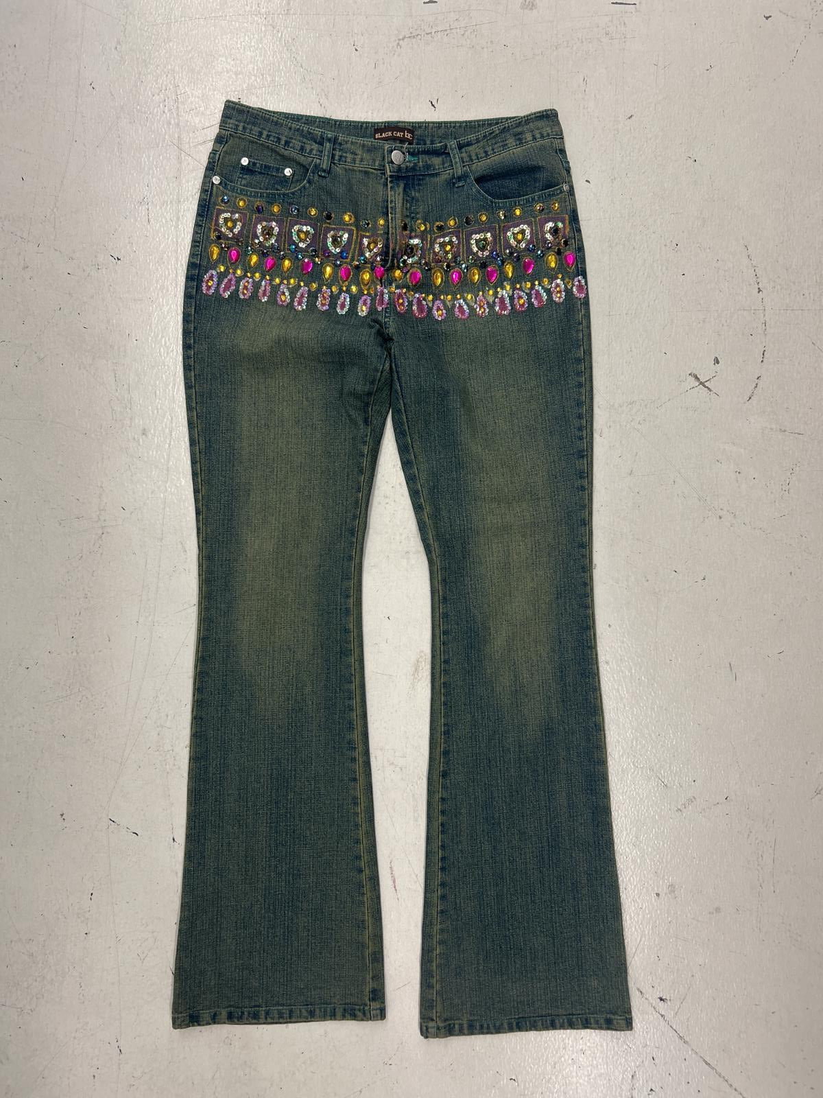 Black Cat Flared Jeans with Embellished Design