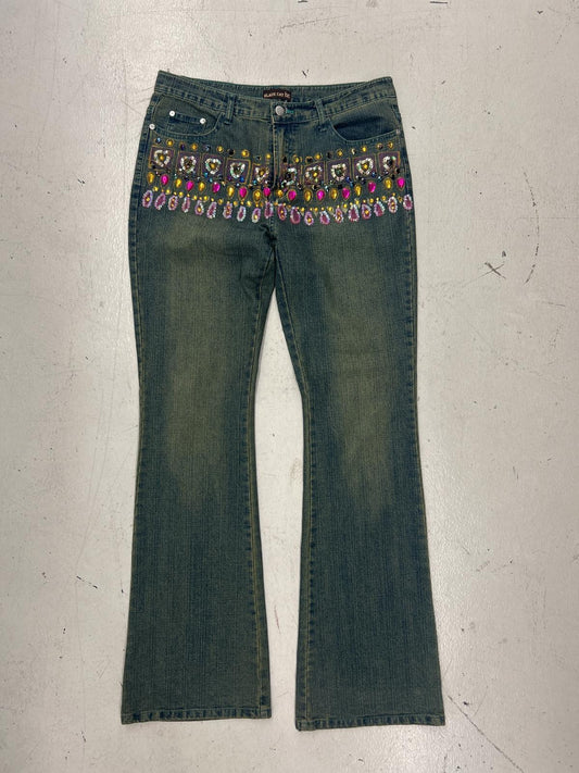 Black Cat Flared Jeans with Embellished Design