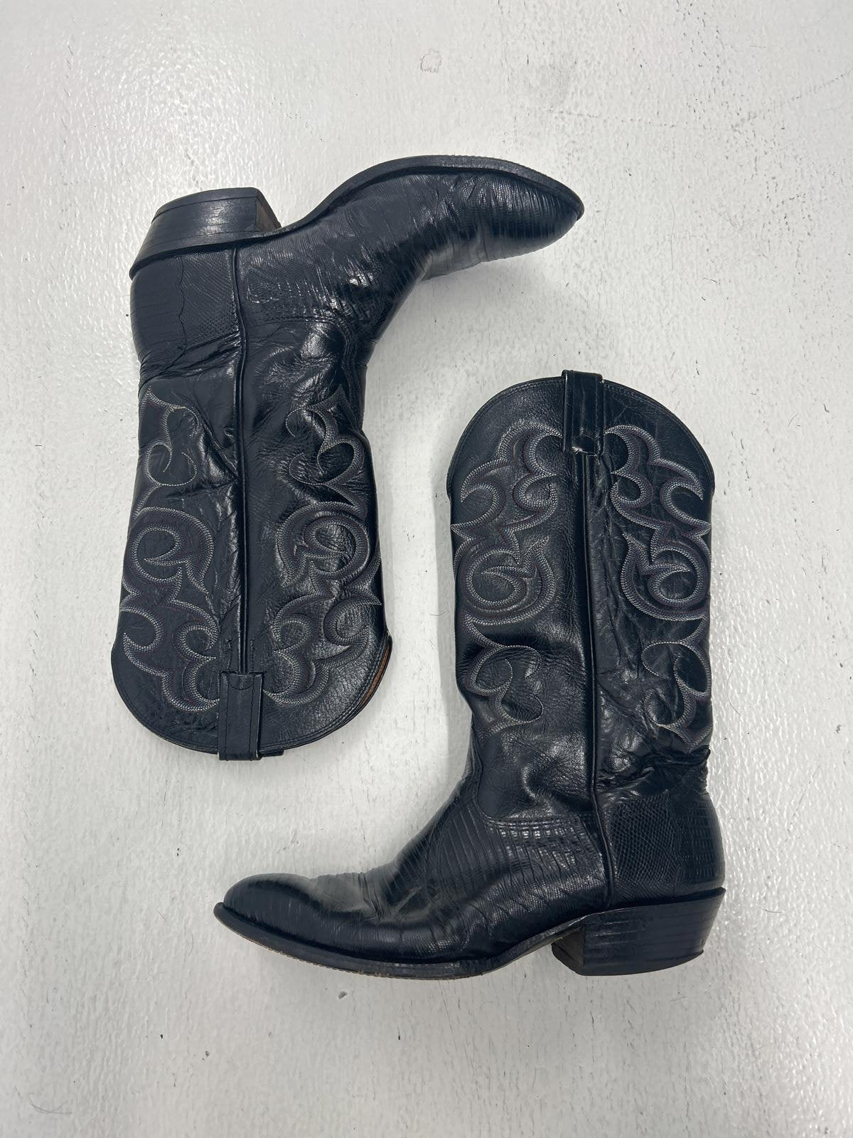 Authentic Black Leather Cowboy Boots with Intricate Design