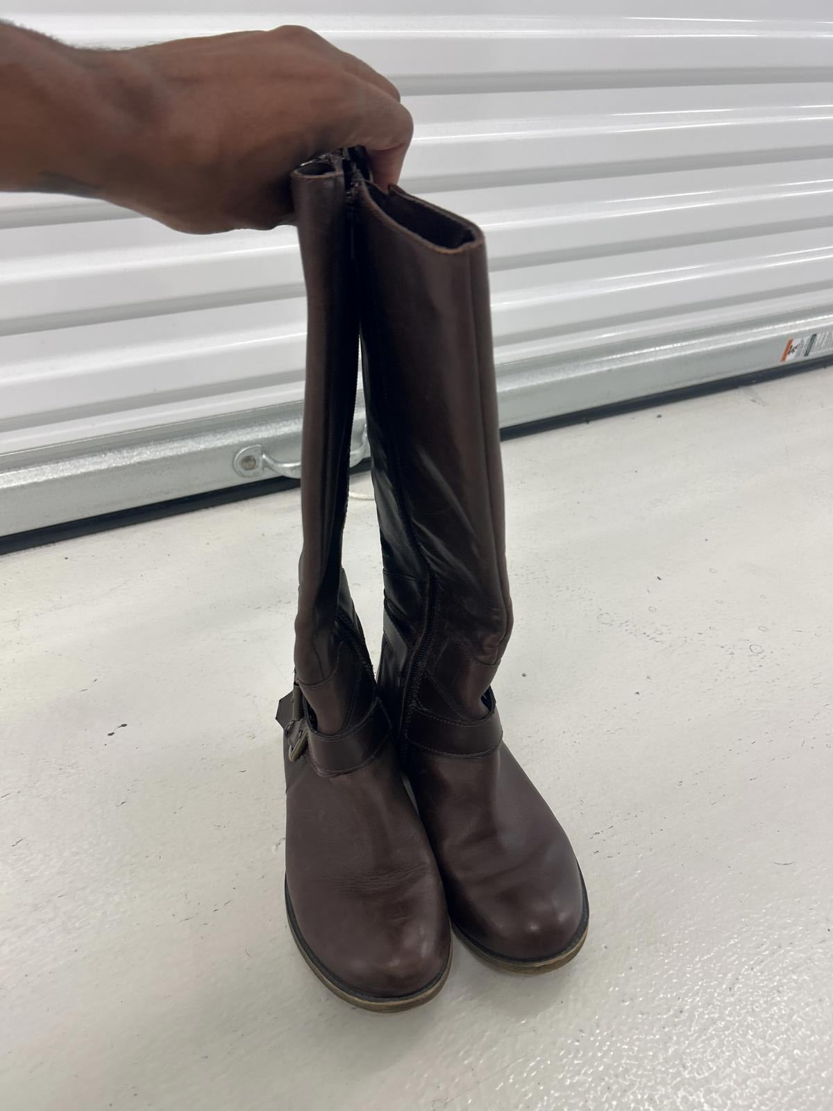 Riding Brown Leather Knee-High Boots with Buckle