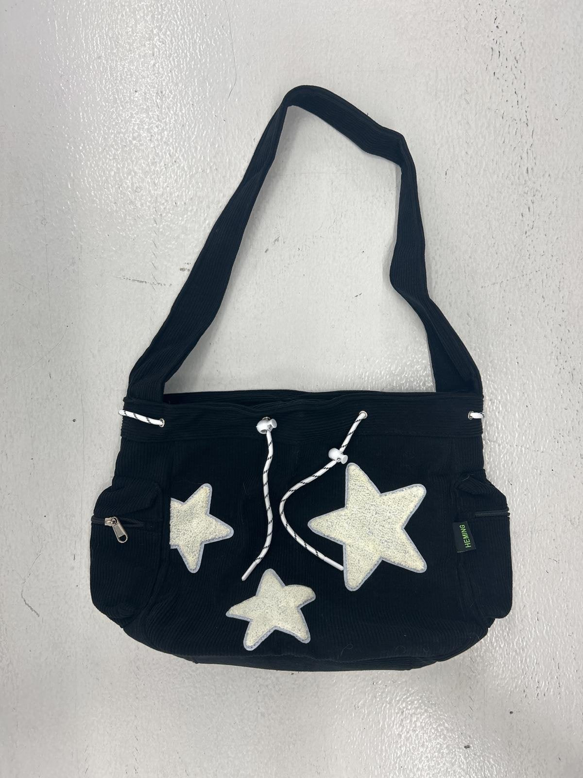 Corduroy Black Shoulder Bag with Stitched Star Patches