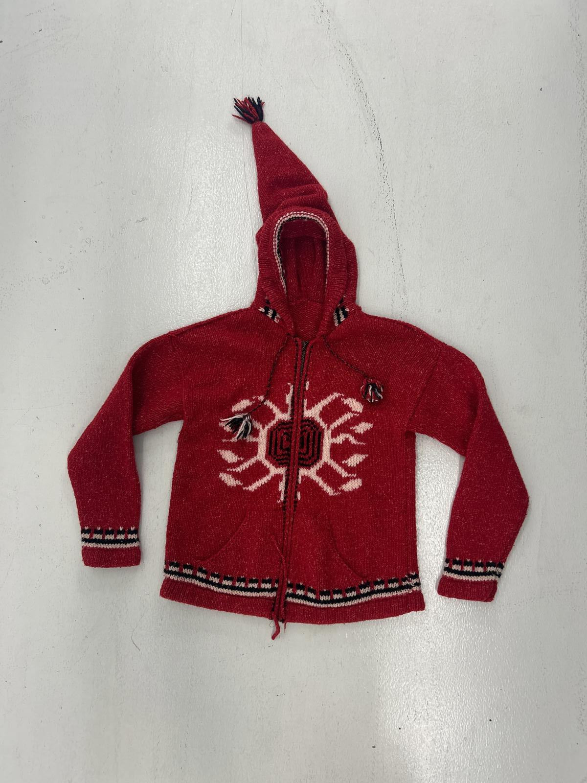 Cozy Red Sharp Hooded Knit Sweater with Snowflake Design