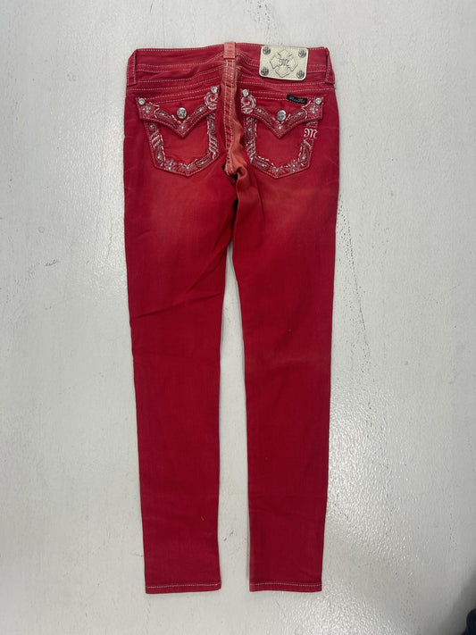 Y2K Grunge Red Skinny Jeans with Decorative Back Pocket