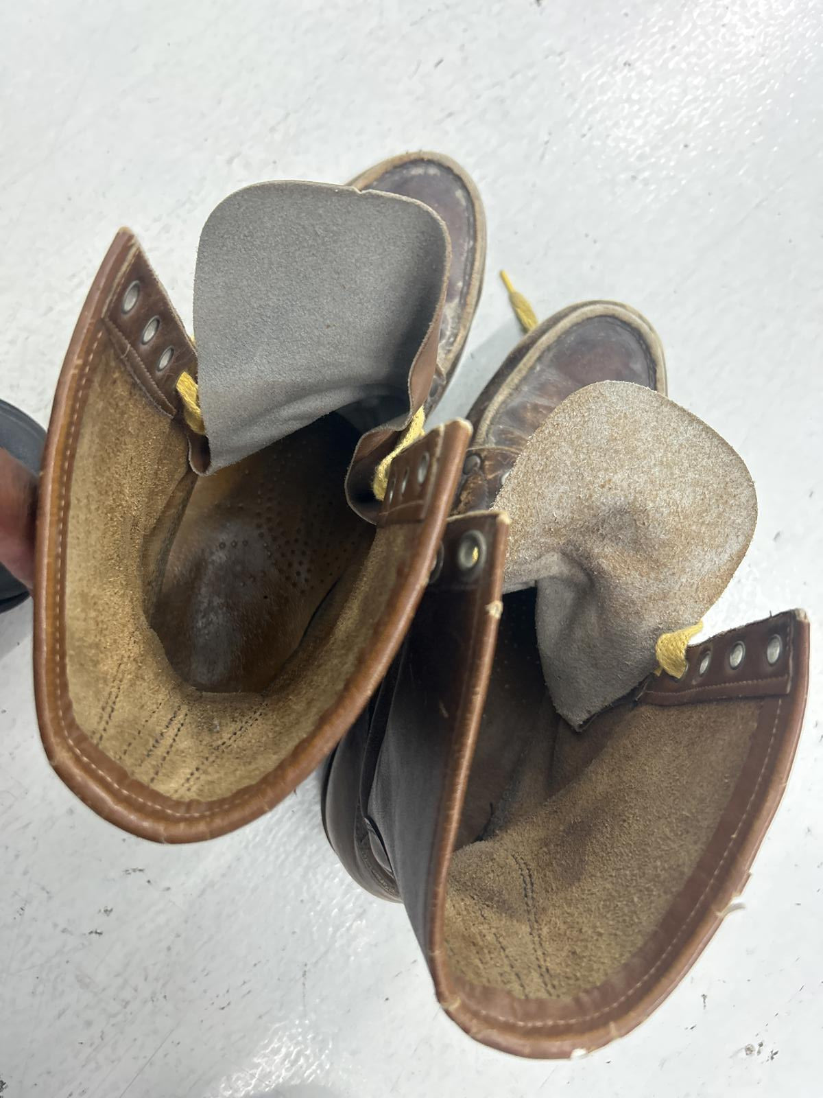 Vintage Brown Leather Work Boots with Yellow Laces