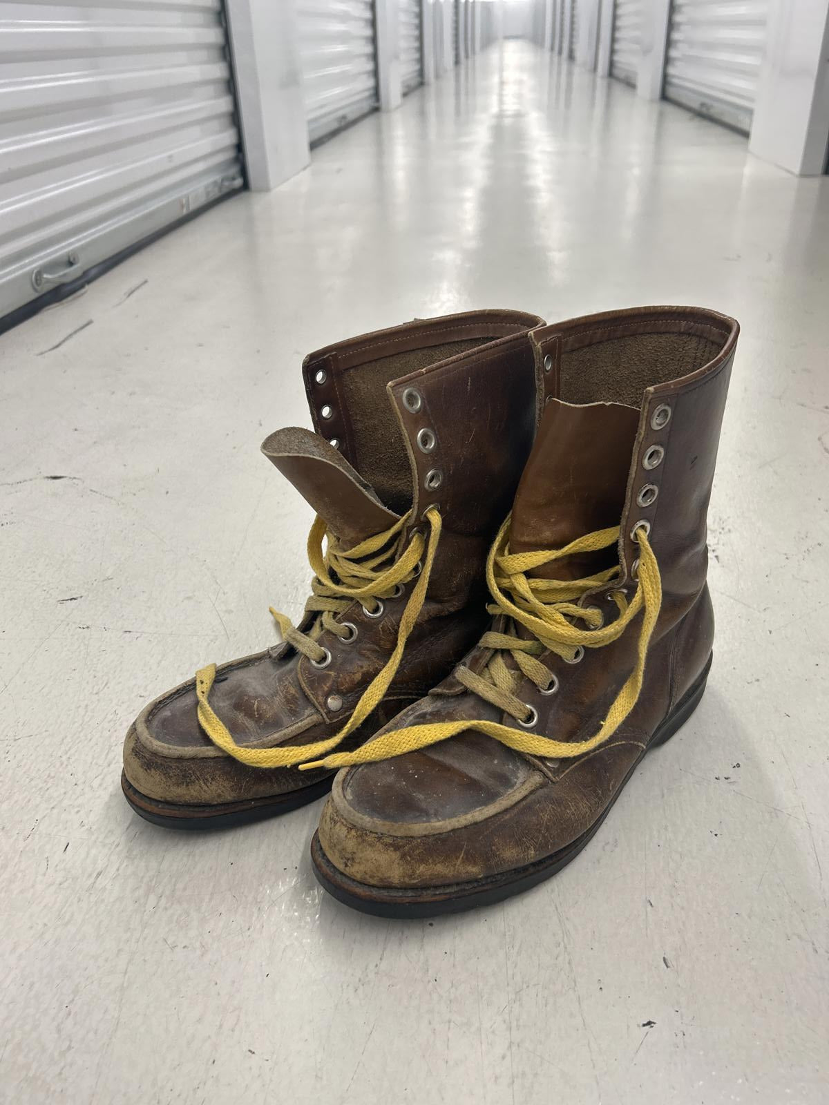 Vintage Brown Leather Work Boots with Yellow Laces