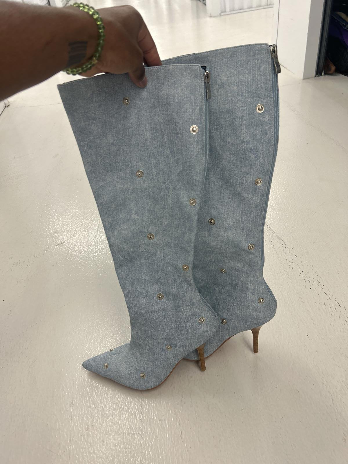 Elegant Blue Stiletto Knee-High Boots with Embellishments