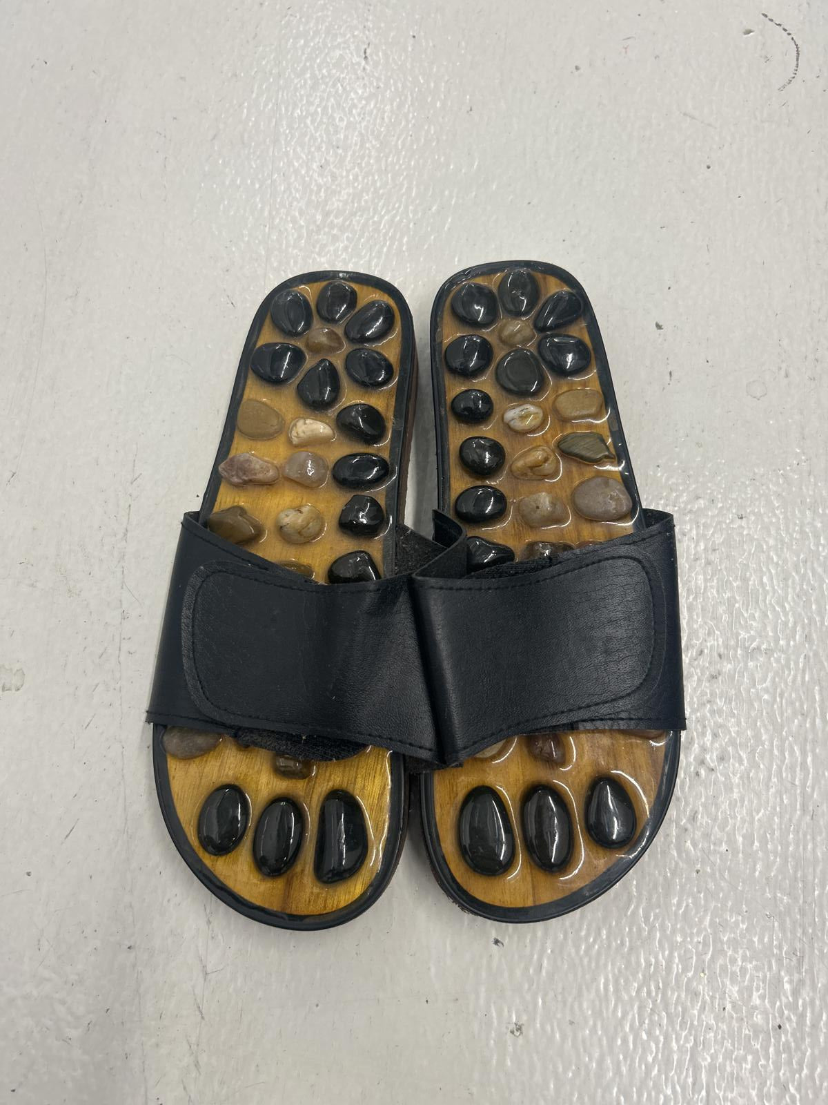 Black Massage Slide Sandals with Natural Stone Design