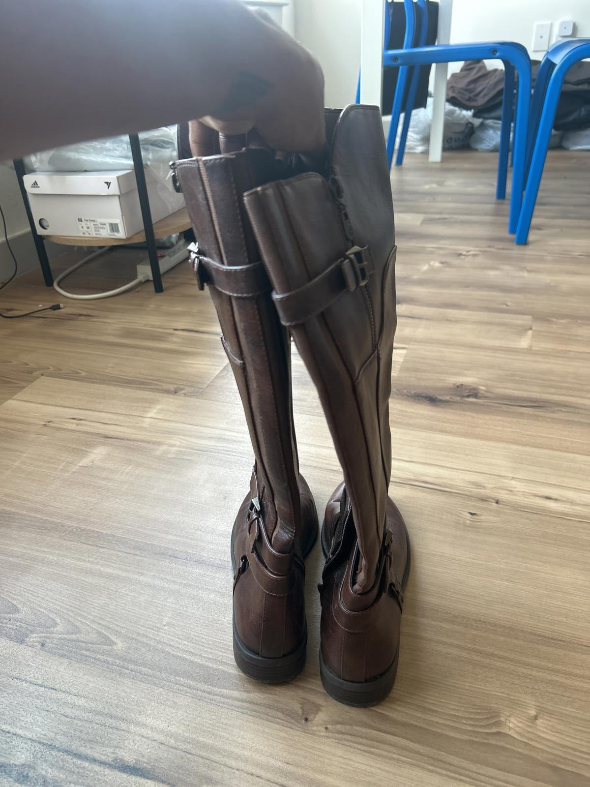 Faux Brown Knee-High Boots with Buckle Detail