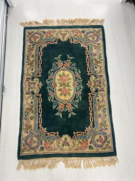 Handmade Artisan Chinese Floral Pattern Green Area Rug