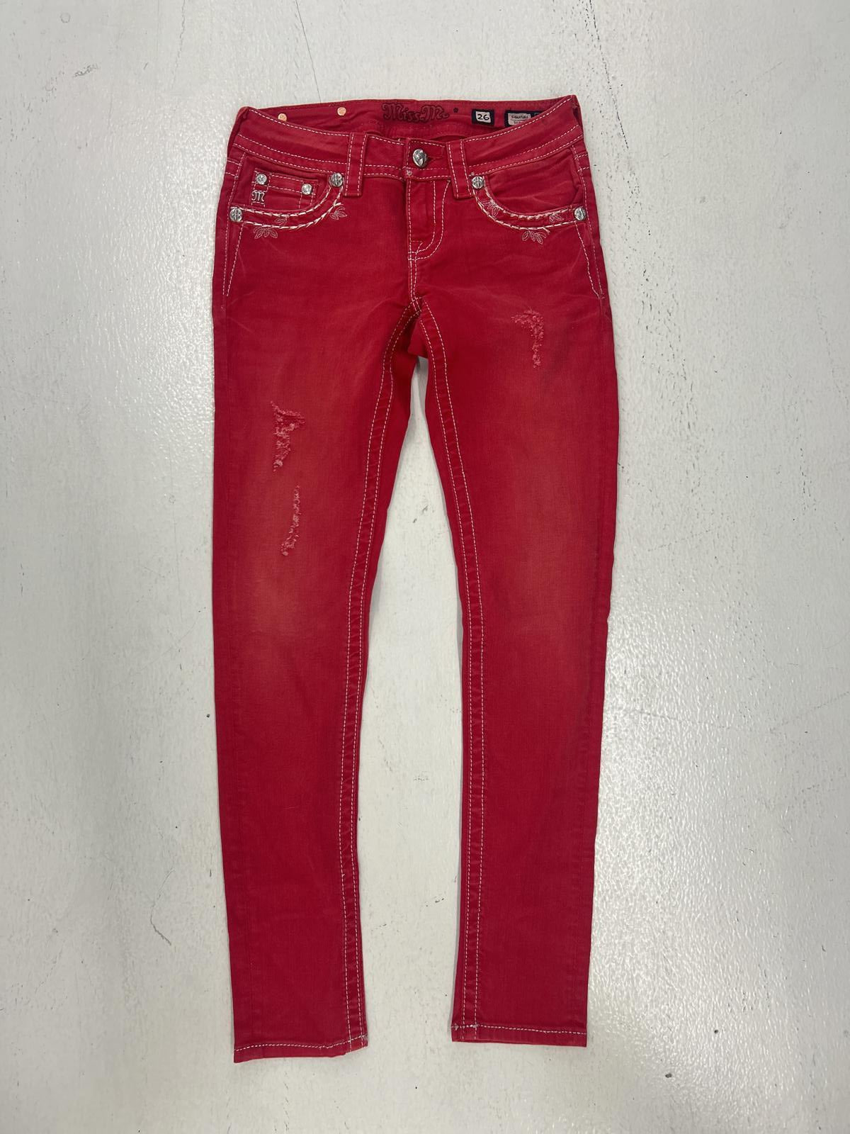 Y2K Grunge Red Skinny Jeans with Decorative Back Pocket