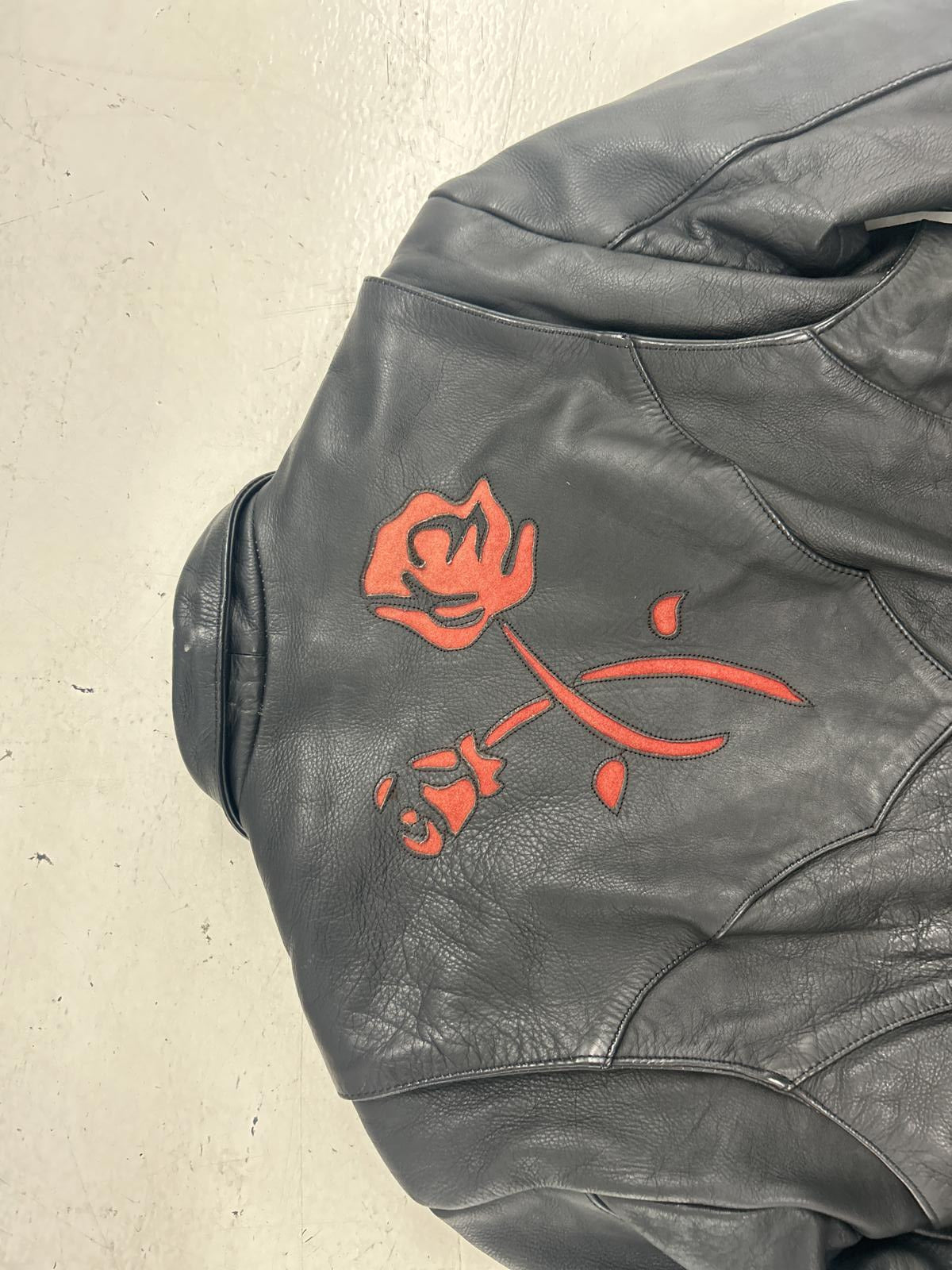 Heavy Grunge Black Leather Jacket with Red Floral Detailing