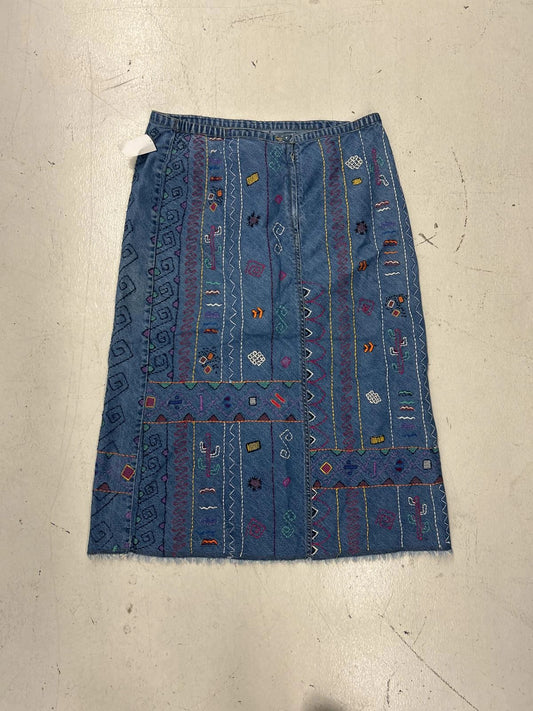 Vintage Embroidered Denim Skirt With Colorful Patterns