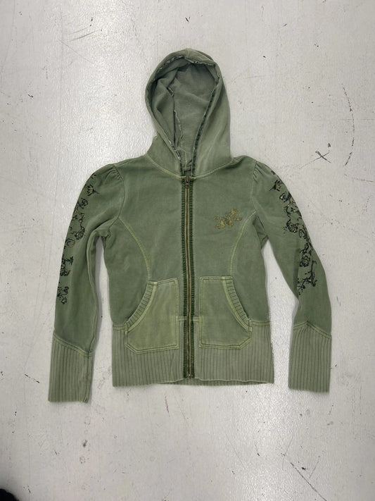 Dkny Green Zip-Up Hoodie With Floral Embroidery