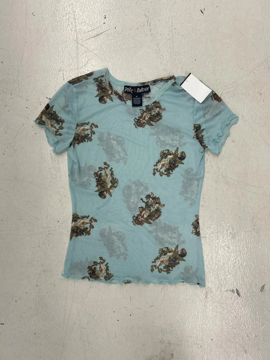 Vintage Floral Print Mesh T-Shirt - Light Blue