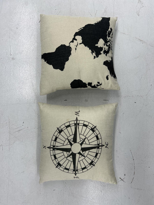 Set of Two Decorative Compass and World Map Cushions