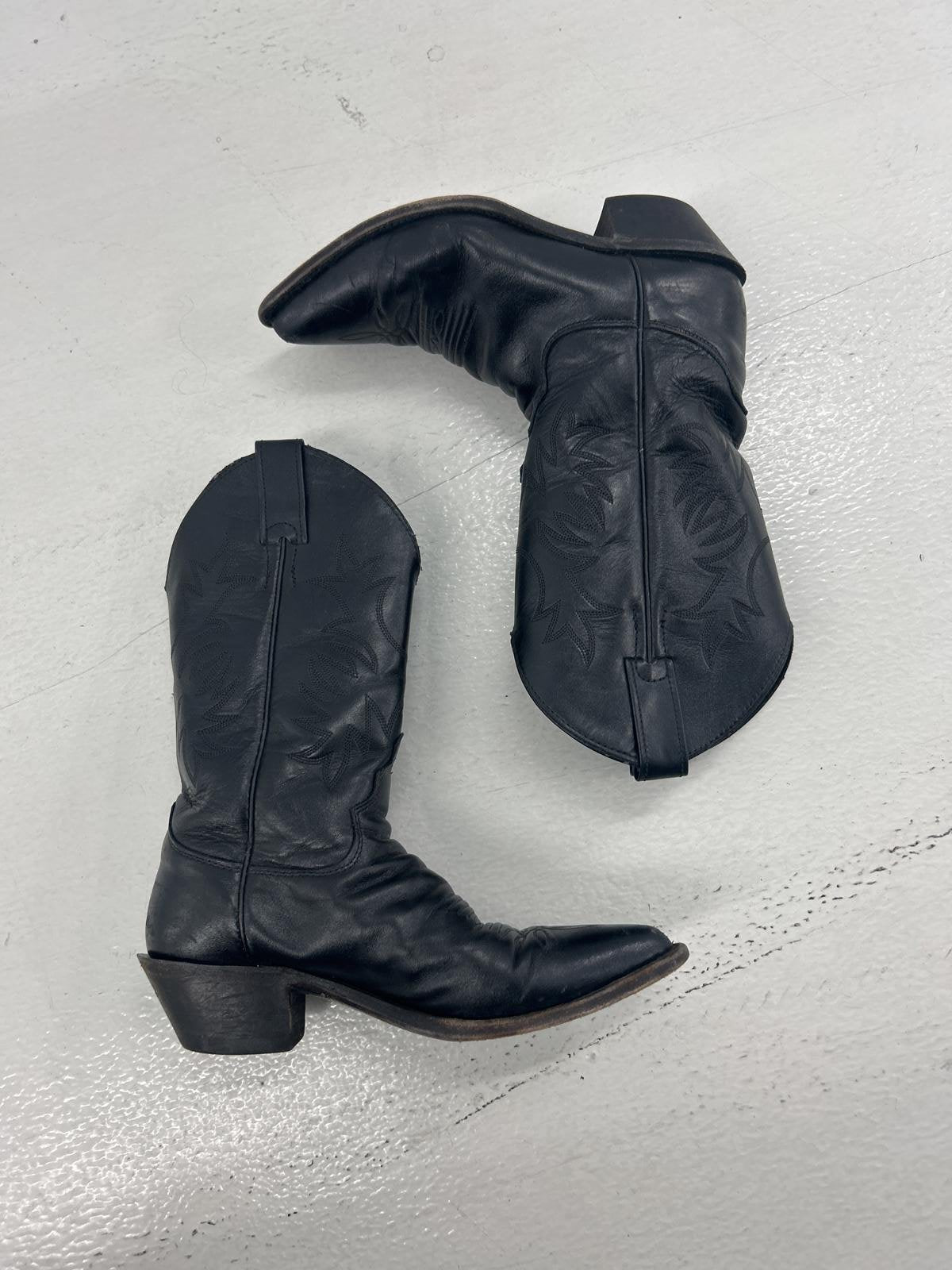 Sleek Black Leather Cowboy Boots - Vintage Western Wear