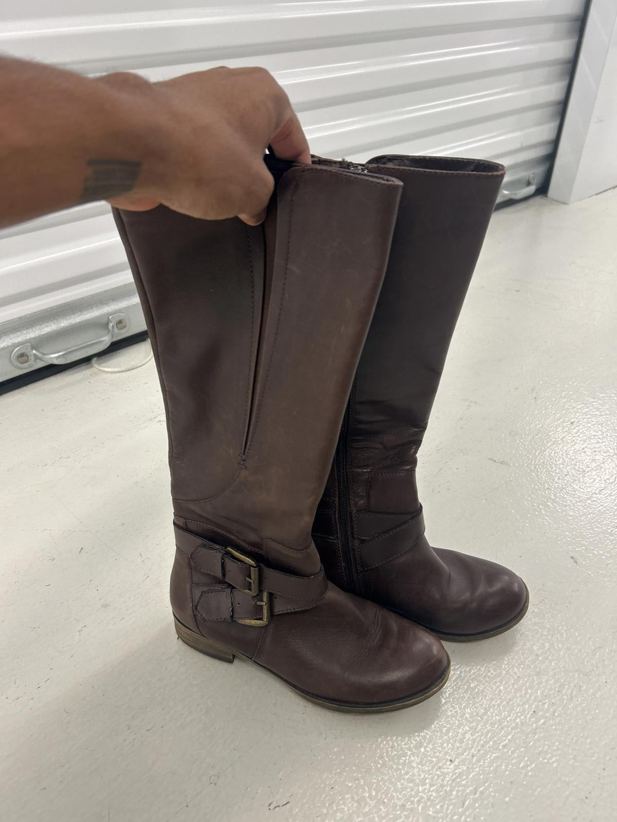 Riding Brown Leather Knee-High Boots with Buckle