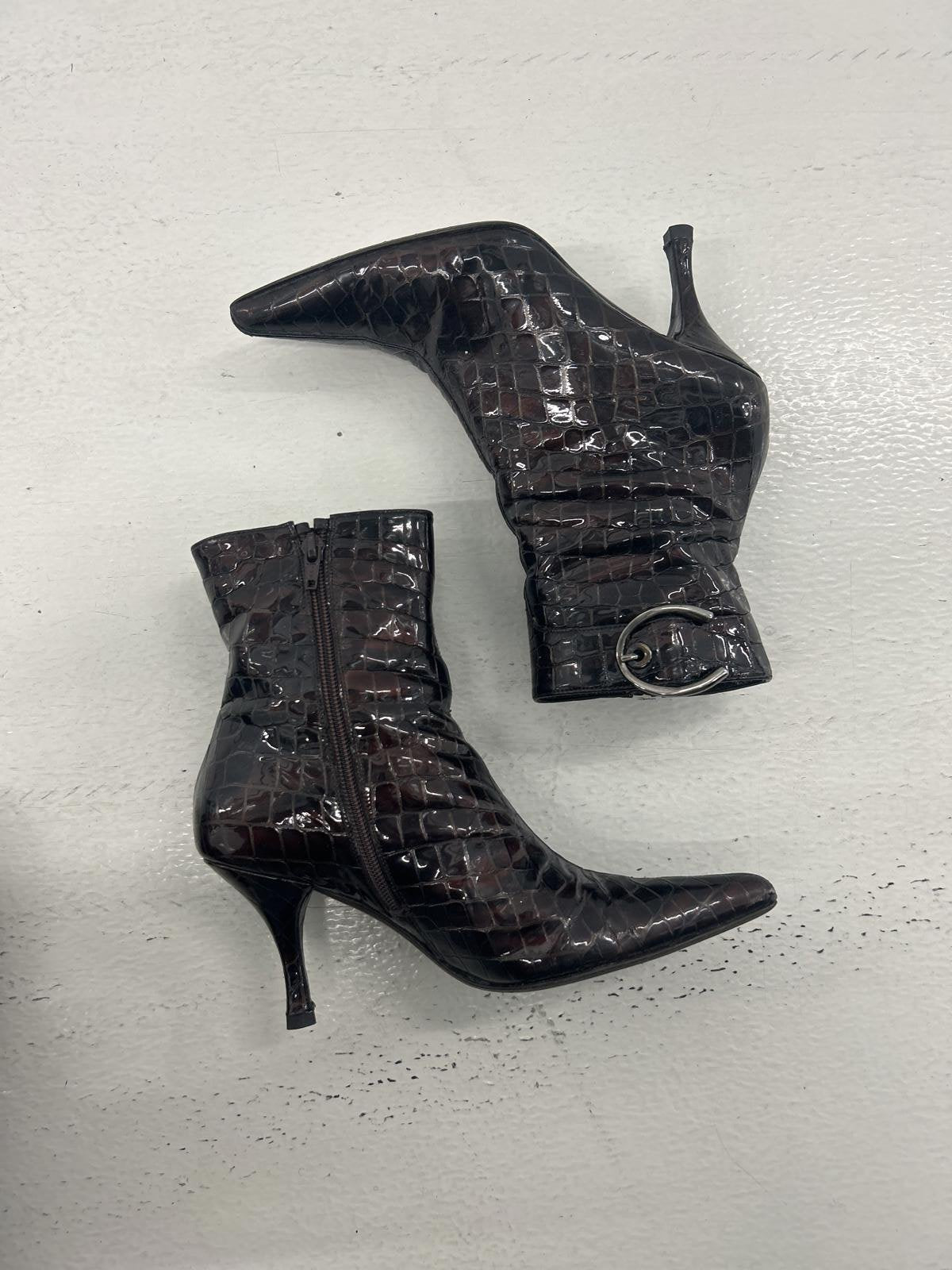 Chic Black Faux Crocodile Print Ankle Boots with Buckle