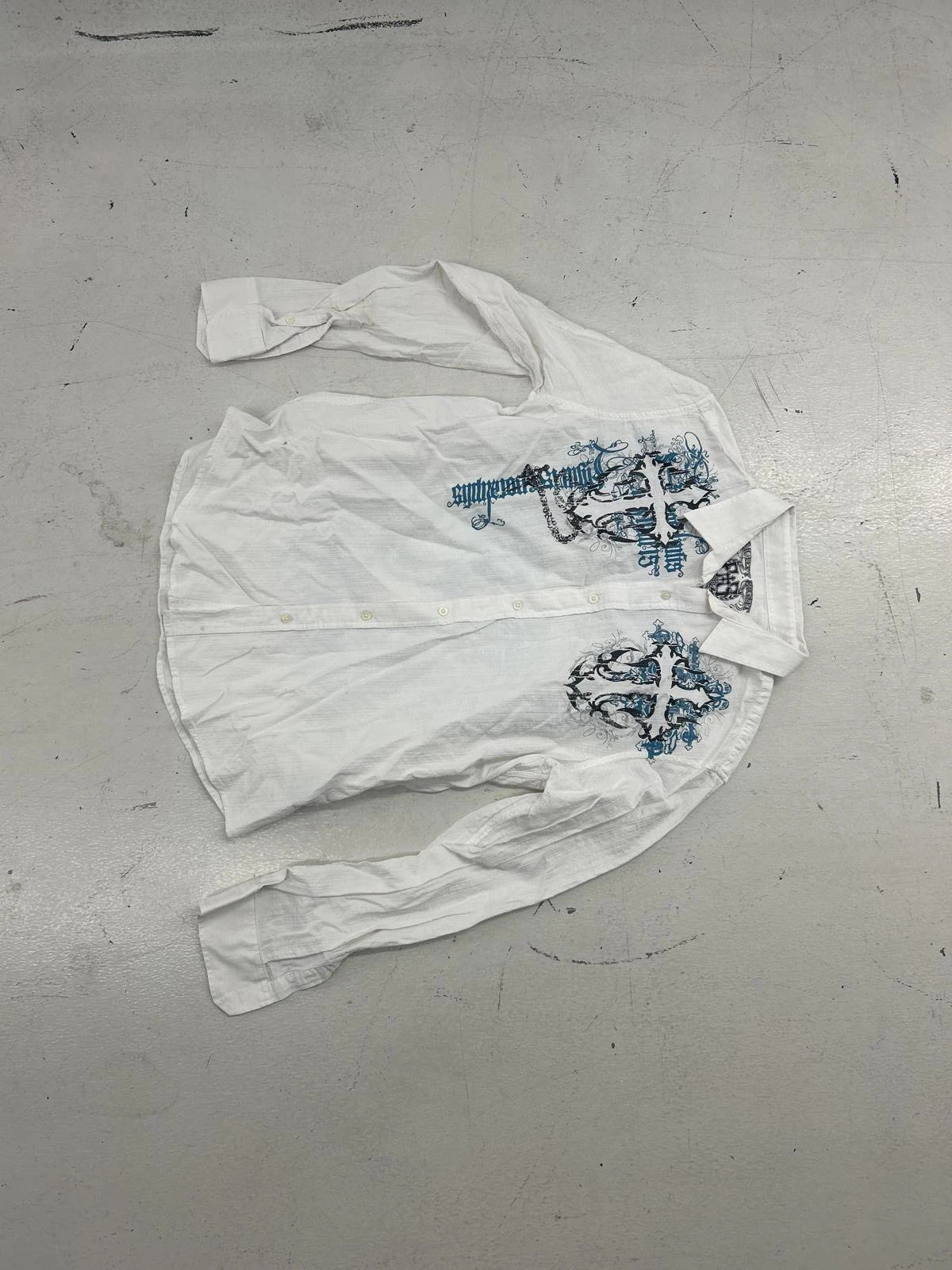 White Y2k Dress Shirt With Blue Cross Graphic