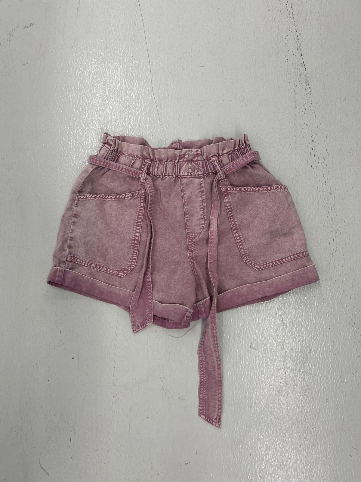 Women's High-Waisted Denim Shorts with Tie Belt - Pink